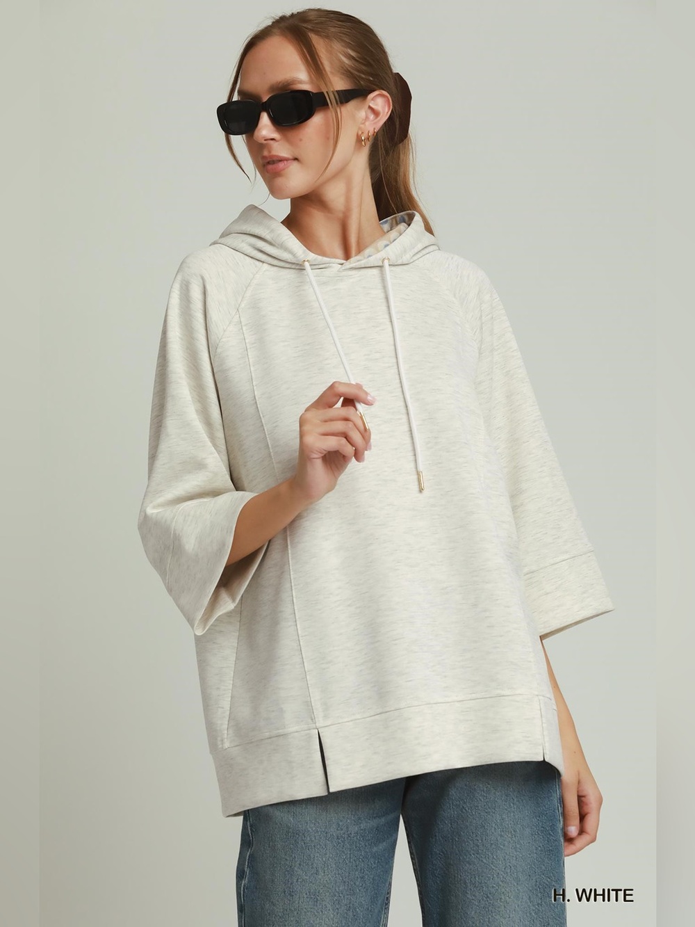 Umgee 3/4 Sleeve Tunic Top with Graphic Hoodie🛍️H.White